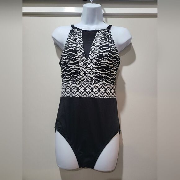 SWIM SOLUTIONS Tummy Control Mesh Insert Swimsuit NWT sz 10 black/white - Picture 3 of 5